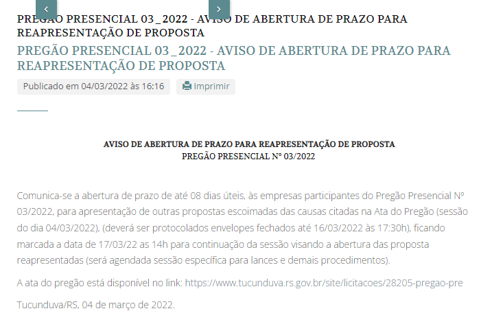 PREGÃO PRESENCIAL 03_2022 - AVISO DE ABERTURA DE PRAZO PARA REAPRESENTAÇÃO DE PROPOSTA